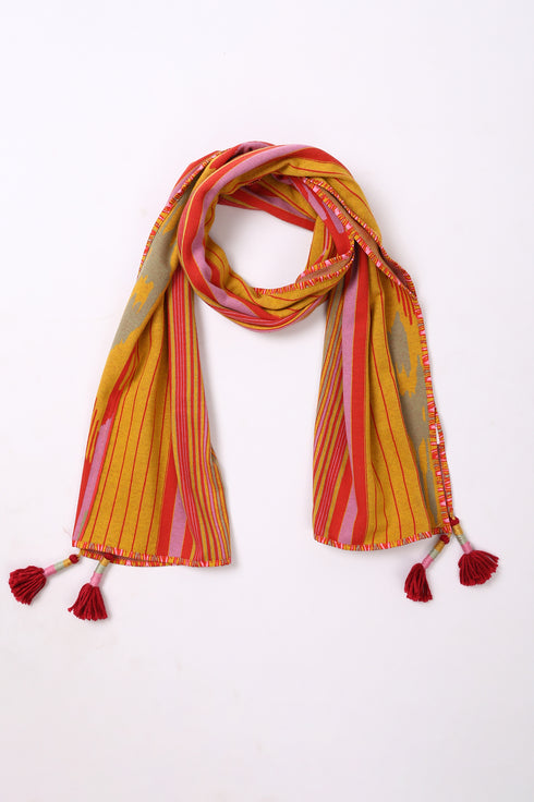 Shawl in striped jacquard cotton blend with tassels